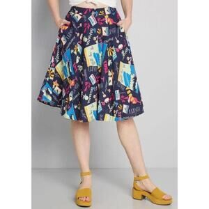 MODCLOTH Line Just This Sway Blue Vacation Travel Postcard Print Flare Skirt XL